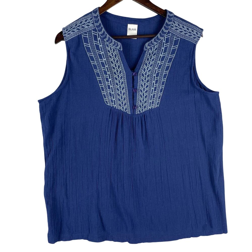 Blair 100% Cotton Women’s Embroidered Top Blue Sleeveless SZ L Made in India